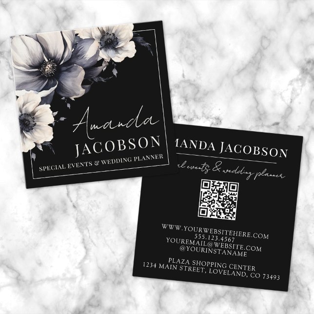 Schwarze Flora Elegant Beruflich Quadratische Visitenkarte (Black Floral Elegant Professional Square Business Card)
