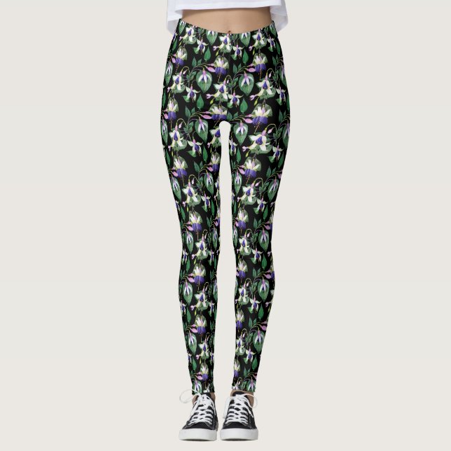 Schwarze Flora Fuchsia Wasserfarbe Leggings (Vorderseite)