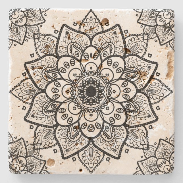 Schwarze Flora Mandala über weißem Hintergrund Steinuntersetzer (Vorderseite)