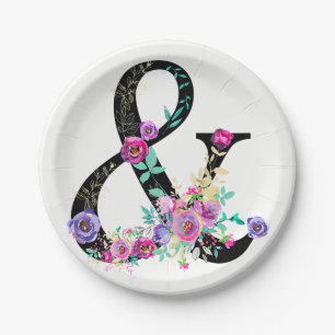 Schwarze Flora Moderne Ampersand Chic Spring Weddi Pappteller