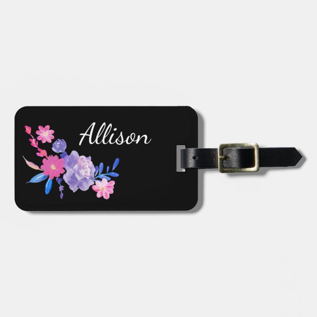 Schwarze Floral Monogram Lila Hübsche Girl Gepäckanhänger (Vorderseite horizontal)
