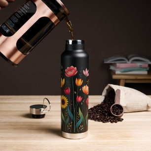 Schwarze Floral Stainless Steel Wasserflasche Trinkflasche