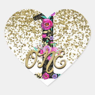 Schwarze Florale Gold Glitter EINS 1 1. Geburtstag Herz-Aufkleber