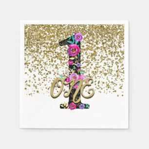 Schwarze Florale Gold Glitter EINS 1 1. Geburtstag Serviette