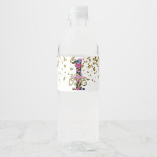 Schwarze Florale Gold Glitter EINS 1 1. Geburtstag Wasserflaschenetikett