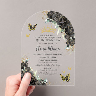 Schwarze Florale Goldene Schmetterlinge Quinceaner Acryleinladungen