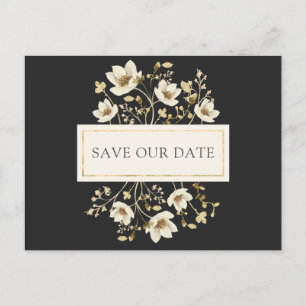 Schwarze Florale Hochzeits-Save-the-Date-Postkarte Ankündigungspostkarte