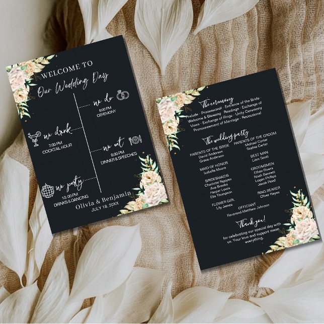 Schwarze Florale Hochzeitsprogramm- und Zeitplan-K Programm (Von Creator hochgeladen)