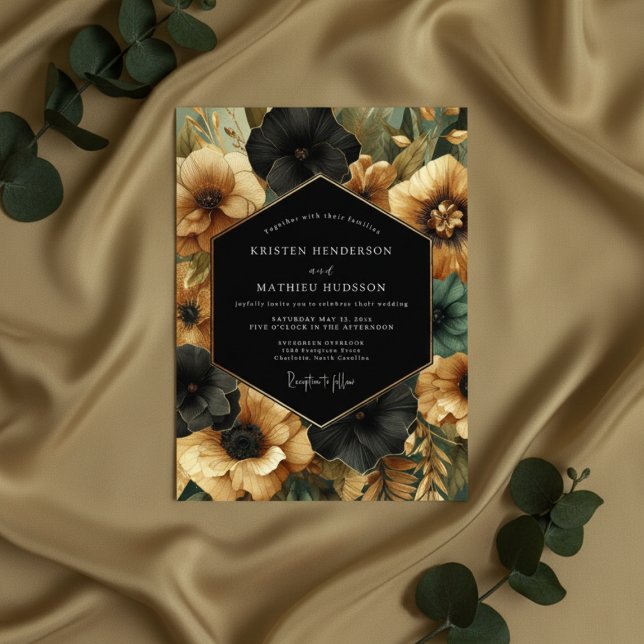 Schwarze florale opulente Hochzeit Einladung (Von Creator hochgeladen)