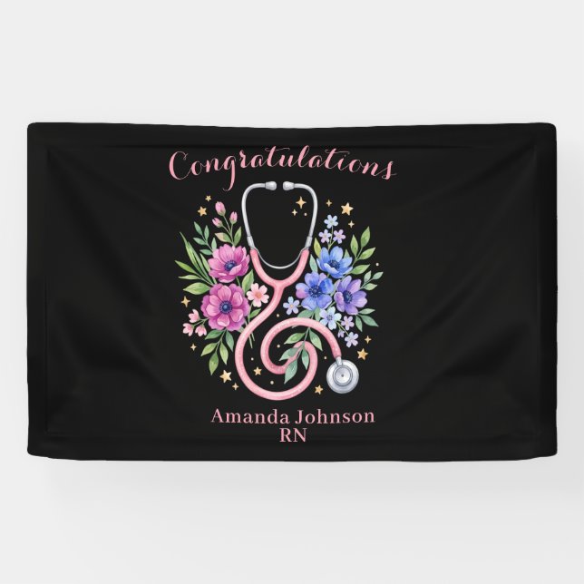 Schwarze Florale Rose Abschlussfeier Banner (Horizontal)