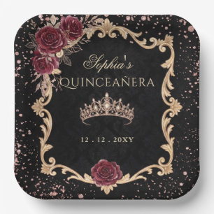Schwarze Florale Rot-Roségold-Tiara Foto Quinceane Pappteller