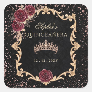 Schwarze Florale Rot-Roségold-Tiara Foto Quinceane Quadratischer Aufkleber