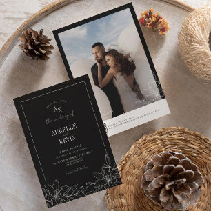 Schwarze Florale Rustikale Monogramm Foto QR Hochz Einladung