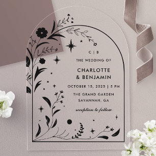 Schwarze Florale Sternen Nacht Bogen Hochzeit Acryleinladungen