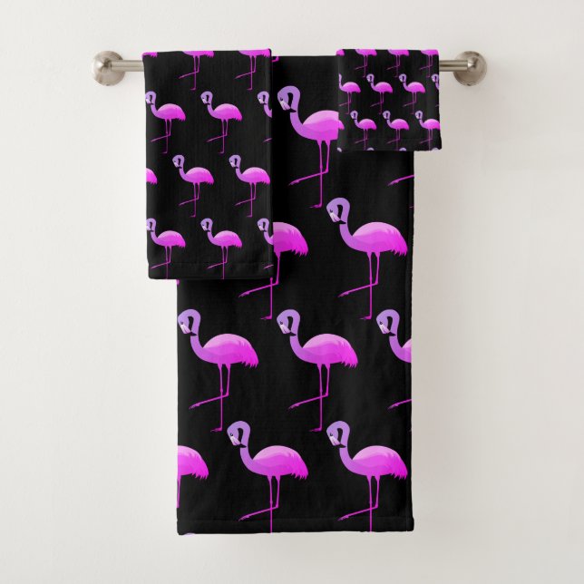 SCHWARZE FLURO FLAMINGO PATTERTERN BADEZIMMER TOWE BADHANDTUCH SET (Insitu)