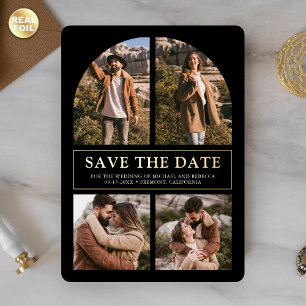 Schwarze Foto-Collage Hochzeit Save the Date Gold Folieneinladung