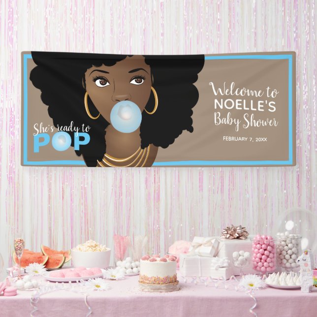Schwarze Frau, Bereit zum Pop, Bubblegum, Blau Banner (Party)