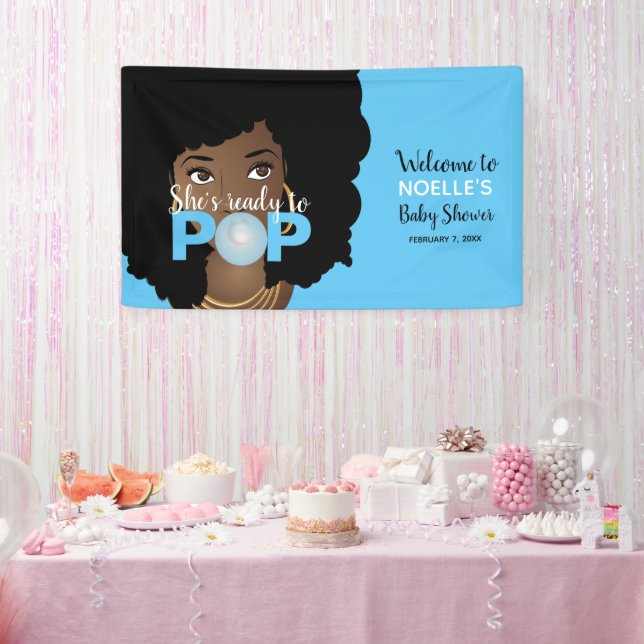 Schwarze Frau, Bereit zum Pop, Bubblegum, Blau Banner (Party)