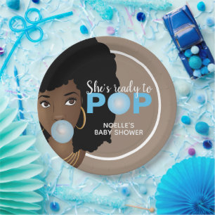 Schwarze Frau, Bereit zum Pop, Bubblegum, Blau Pappteller