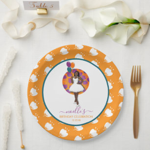 Schwarze Frau, Birthday Balloons & Blume, Orange Pappteller