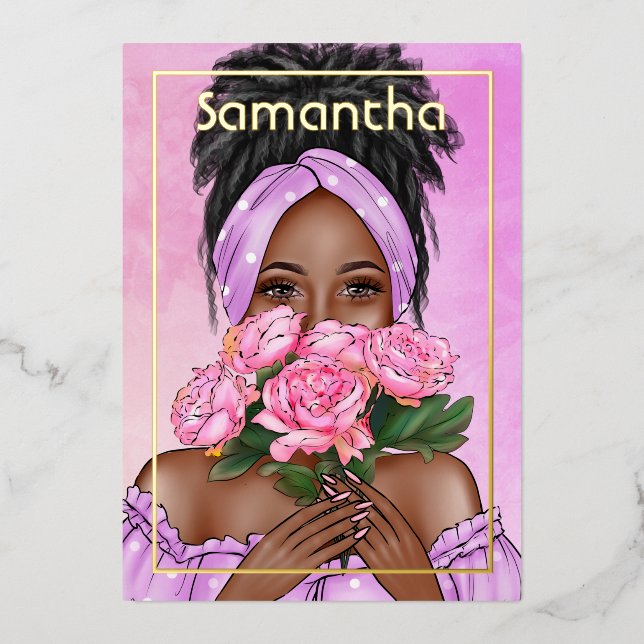 Schwarze Frau Birthday Party Foil Einladung (Vorderseite)