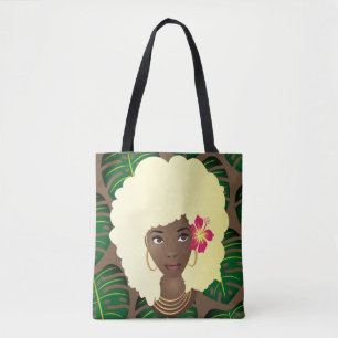 Schwarze Frau, blonde Afro, grüne Blätter, braun
