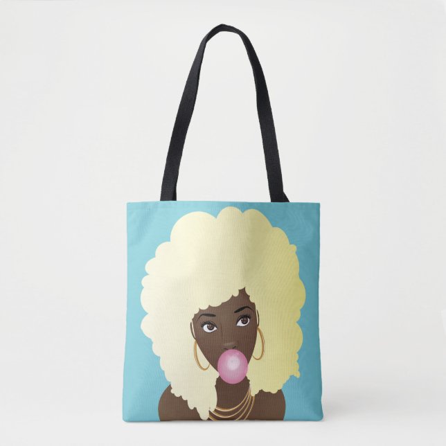 Schwarze Frau, blonde Afro, rosa Bubblegum, blau (Vorderseite)
