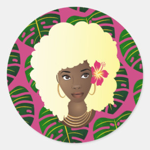 Schwarze Frau, blonde Afro, tropische Blätter, ros Runder Aufkleber