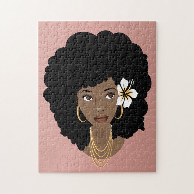 Schwarze Frau, Blume im Haar, rosa Rosa Puzzle (Vertikal)