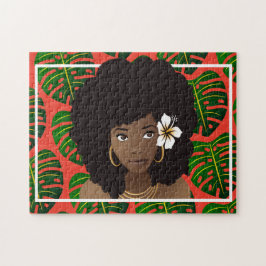 Schwarze Frau, Blume im Haar, tropische Blätter, R Puzzle