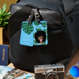 Schwarze Frau, Bubblegum, tropische Blätter, Blau Gepäckanhänger