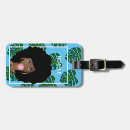 Schwarze Frau, Bubblegum, tropische Blätter, Blau Gepäckanhänger