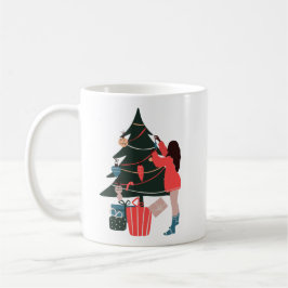 Schwarze Frau dekorieren Weihnachtsbaum Kaffeekoff Kaffeetasse