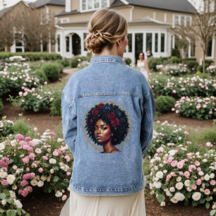 Schwarze Frau dunkle Blumen Afro Jeansjacke