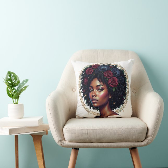 Schwarze Frau Dunkle Blumen Afro Kissen (Stuhl )