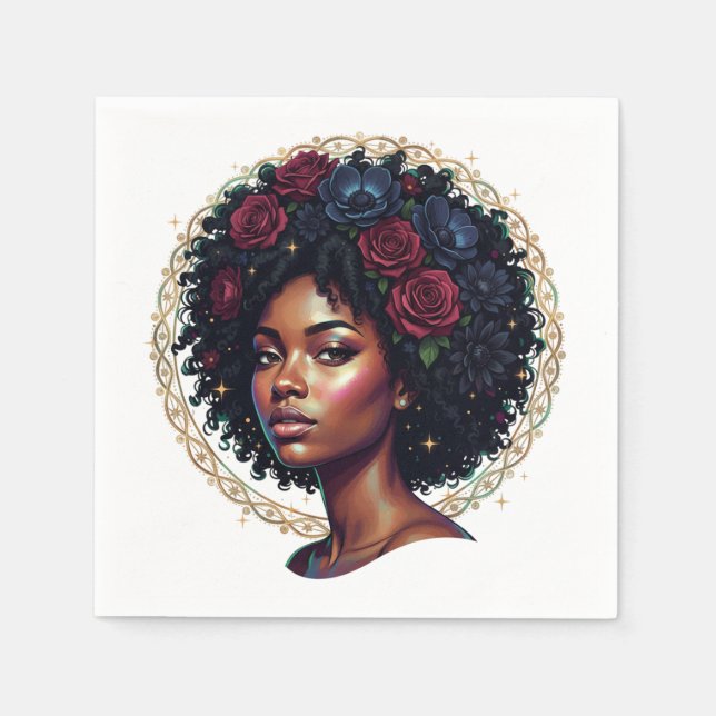 Schwarze Frau dunkle Blumen Afro Serviette (Vorderseite)