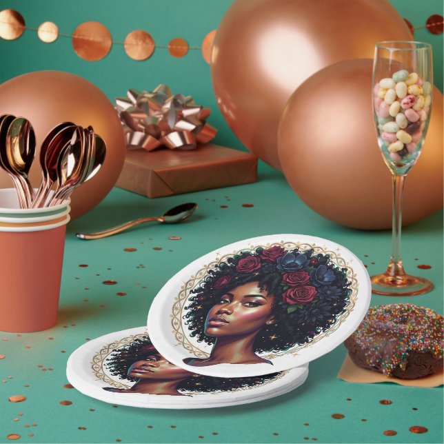 Schwarze Frau Dunkle Floral Afro Pappteller (Multi)