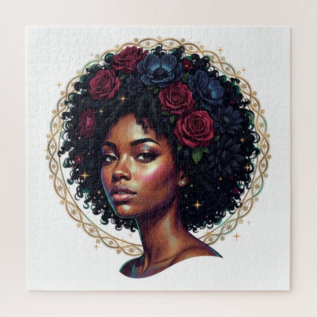Schwarze Frau Dunkle Florale Afro Puzzle (Vertikal)