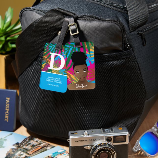 Schwarze Frau, farbenfrohe tropische Blätter, blau Gepäckanhänger (Vorderseite & Rückseite)