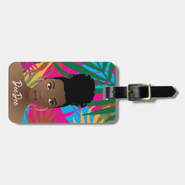 Schwarze Frau, farbenfrohe tropische Blätter, blau Gepäckanhänger