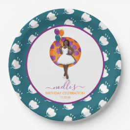 Schwarze Frau, Geburtstagsblasen und Blume Aquamar Pappteller