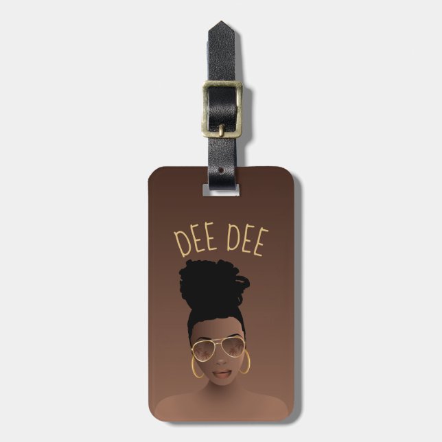 Schwarze Frau, Gold Shades & High Bun, braun Gepäckanhänger (Vorderseite vertikal)