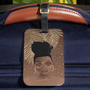 Schwarze Frau, Gold-Shades & Palm-Blätter, braun Gepäckanhänger