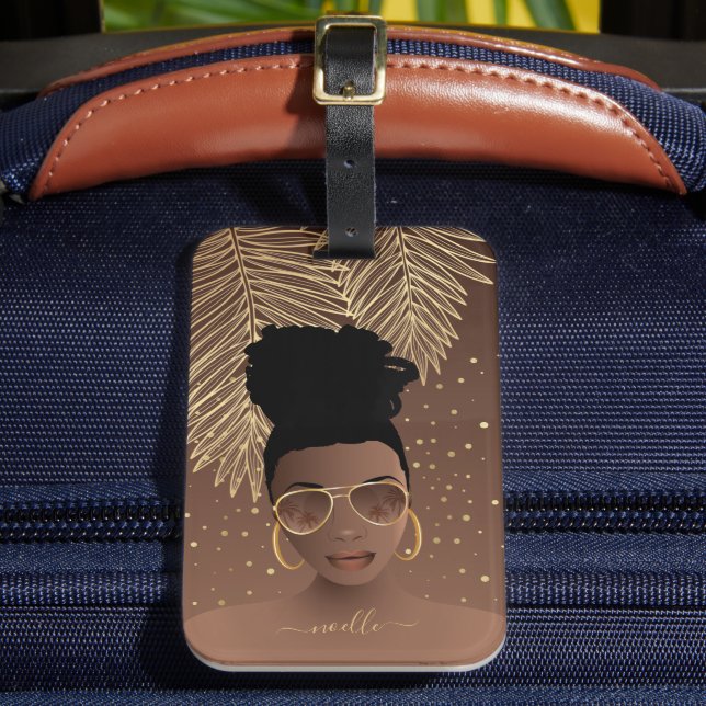 Schwarze Frau, Gold-Shades & Palm-Blätter, braun Gepäckanhänger (Vorderseite Insitu 2)