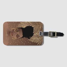 Schwarze Frau, Gold-Shades & Palm-Blätter, braun Gepäckanhänger