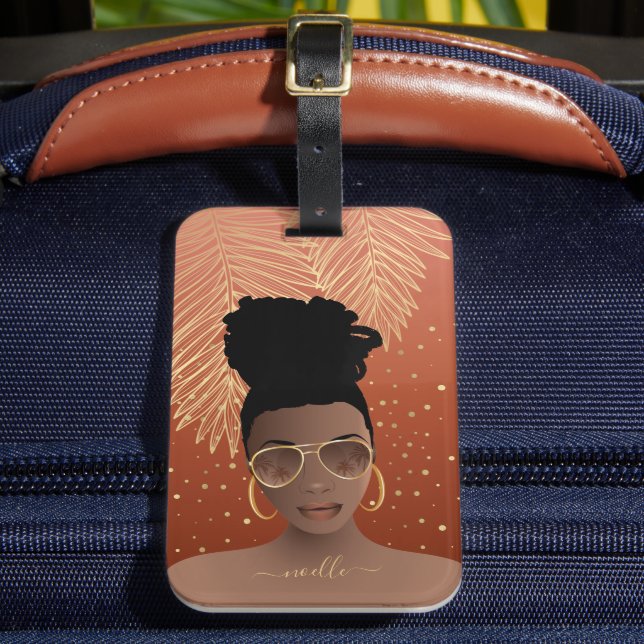 Schwarze Frau, Gold-Shades & Palm-Blätter, Kupfer Gepäckanhänger (Vorderseite Insitu 2)