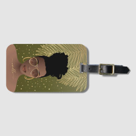 Schwarze Frau, Gold Shades & Palm Blätter Olivengr Gepäckanhänger