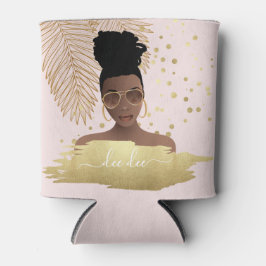 Schwarze Frau, Gold-Shades & Palm-Blätter, rosa Dosenkühler