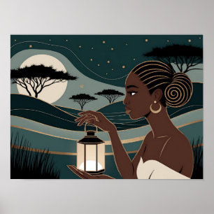Schwarze Frau hält eine Laterne in der Nacht Poster