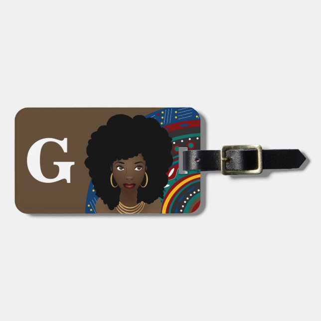 Schwarze Frau, Inspiriert Stammes, Monogramm, brau Gepäckanhänger (Vorderseite horizontal)